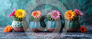 Colorful Blooms on Petite Cacti - Serenity Indoors. Concept Indoor Gardening, Succulent Care,