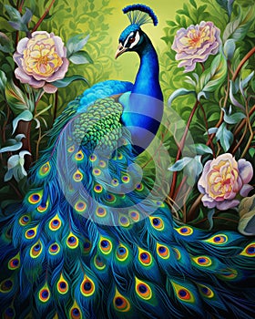 colorful Blue elegance peacock in the tropical garden with beautiful flowers, watercolor painting style