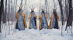 Colorful Blue And Gold Monks Robes In A Snowy Forest