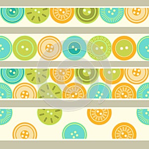 Colorful blue green and orange buttons on white seamless borders set, vector