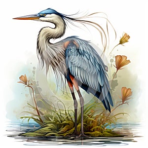 Colorful Blue Heron Illustration In The Style Of Alejandro Burdisio