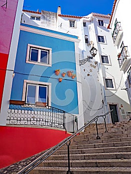 Colorful blue house in the Alfama district of Lisbon, Portugal