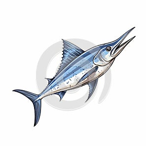 Colorful Blue Marlin Fish Drawing On White Background