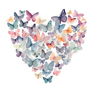 Colorful, blue and orange, butterflies forming a heart on a white and blue background. Heart as a symb affection and love