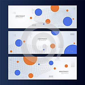 Colorful blue orange vibrant web banner background template with grid circle abstract shapes. Collection of horizontal banners