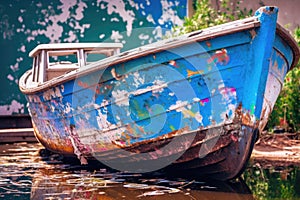 a colorful blue painted boat with weathered wood in a shore