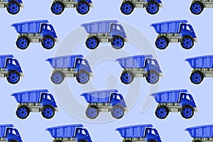 Colorful blue plastic dump truck, tip lorry, car toy isolated on white background still life seamless pattern,mockup