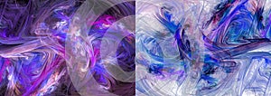 Colorful blue and purple swirls on white and black backgrounds. Imitation of watercolor painting. Set of abstract fractal