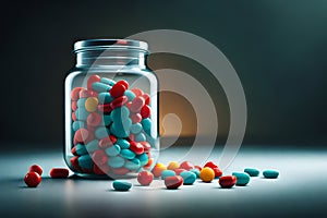 Colorful blue, red Pills capsules pouring out of the glass jar or bottle on wooden table background. Medicine concept