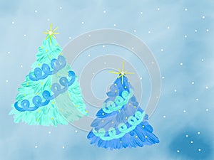 Colorful blue set of Christmas tree for greeting card drawn by acrylic paint, watercolor and pencil