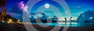 Colorful blue sky with cloud and bright full moon on seascape to night photo