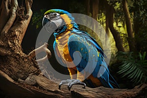 Colorful Blue-and-yellow Macaw Full Body In Forest. Colorful and Vibrant Animal.