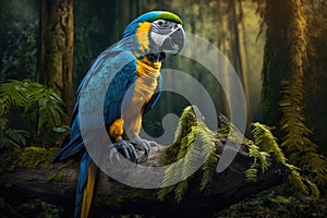 Colorful Blue-and-yellow Macaw Full Body In Forest. Colorful and Vibrant Animal.