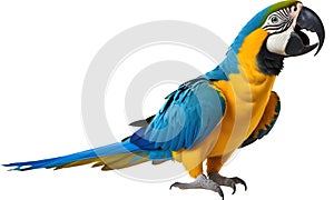 A colorful blue and yellow macaw parrot perched on a surface, with its wings partially spread and its beak open