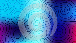 Colorful blurred background with thin line curls, swirls. Curly modern abstract gradient card