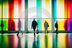 Colorful Blurred shopping mall background with silhouettes of hurrying people. Generative AI illustration