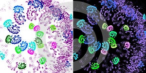 Colorful blurred spots and spirals are collected in a large spiral on black and white backgrounds.