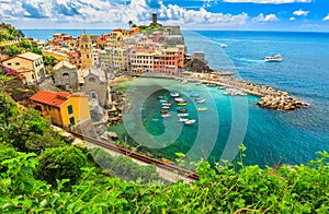 Colorful boats in the bay,Vernazza,Cinque Terre,Italy,Europe