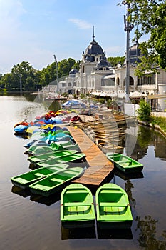 Colorful boats on the lake in Varosliget public city park, Budapest, Hungary