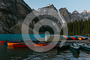 Colorful boats at Moraine Lake, Alberta, Canada