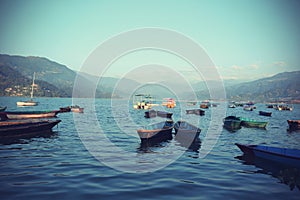 Colorful boats in Phewa Lake in Pokhara