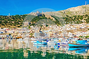 Colorful boats in port on Greek Island, Greece