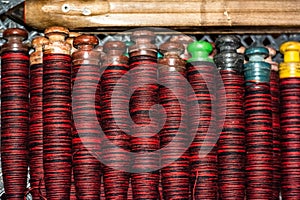 Colorful bobbins of weaving machine