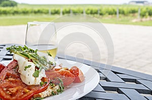 Colorful Bocconcini Salad Served with a Glass of White Wine in a Winery Restauarant