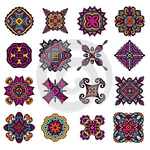 Colorful boho ethnic decorative elements. Vector set of various ornaments, deco template.