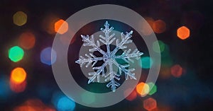 colorful, bokeh background. The snowflake exhibits intricate, symmetrical patterns and appears to be made of ice or crystal