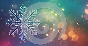 colorful, bokeh background. The snowflake exhibits intricate, symmetrical patterns and appears to be made of ice or crystal