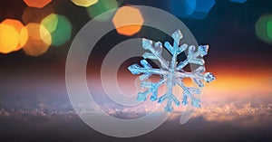 colorful, bokeh background. The snowflake exhibits intricate, symmetrical patterns and appears to be made of ice or crystal