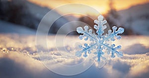 colorful, bokeh background. The snowflake exhibits intricate, symmetrical patterns and appears to be made of ice or crystal