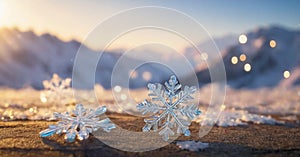 colorful, bokeh background. The snowflake exhibits intricate, symmetrical patterns and appears to be made of ice or crystal