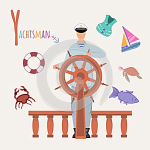 Colorful book alphabet. Book of professions. Profession Yachtsman. Letter Y