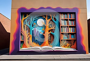 a colorful book is displayed on a building