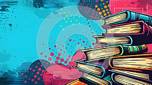 A colorful book stack with a blue background. AI generated