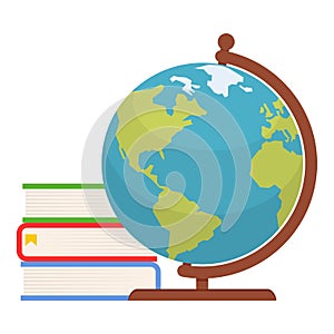 Colorful Books and Globe Flat Icon on White