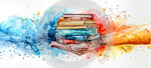 Colorful books in hand. Person holding a stack of books in palms. Concept of education, reading, knowledge, and library
