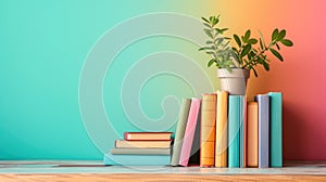 Colorful Books and Plant on Gradient Background