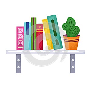 Colorful books shelf green potted plant. Home office education concept, organization interior