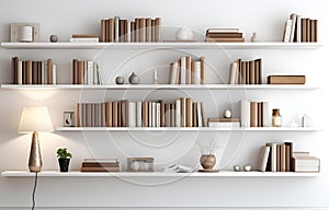 colorful books on shelves in white wooden closet in white room design soft light