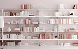 colorful books on shelves in white wooden closet in white room design soft light