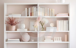 colorful books on shelves in white wooden closet in white room design soft light