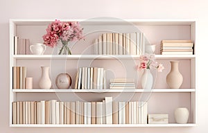 colorful books on shelves in white wooden closet in white room design soft light