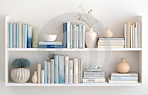 colorful books on shelves in white wooden closet in white room design soft light