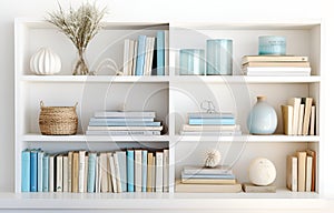 colorful books on shelves in white wooden closet in white room design soft light