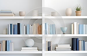 colorful books on shelves in white wooden closet in white room design soft light