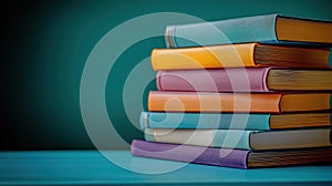 Colorful books stacked on teal desk. Education, literature theme. Great for study library image. Books various colors. Good image photo