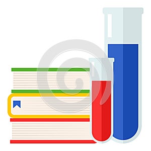 Colorful Books and Vials Flat Icon on White